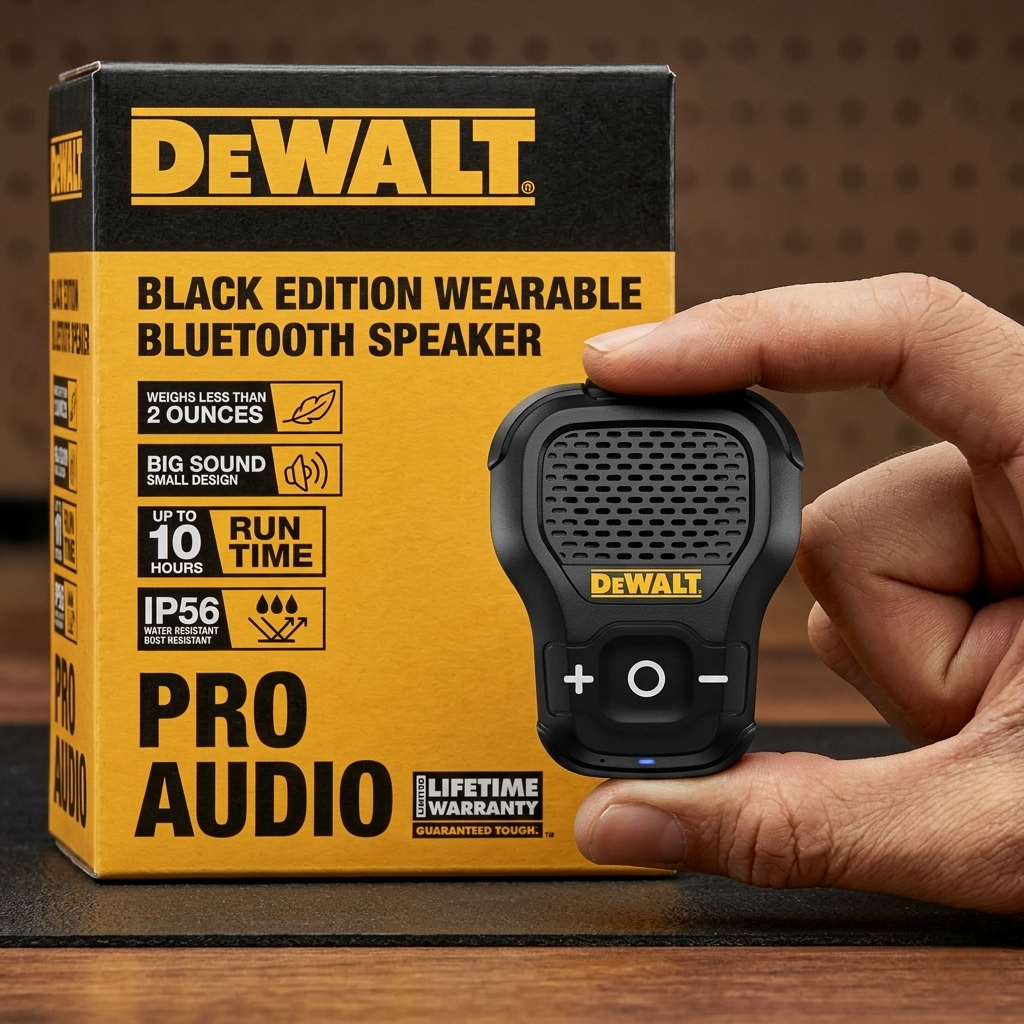 DEWALT Wearable Bluetooth Speaker (Updated Version), Clip-On Wireless Jobsite Pro Water-Resistant Portable Speaker (Non-Magnetic), Built-in Mic for Hands-Free Music/Calls, Bluetooth Speaker (Yellow)