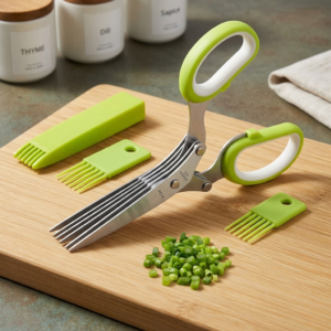 Herb Scissors, X-Chef Multipurpose 5 Blade Kitchen Herb Shears Herb Cutter with Safety Cover and Cleaning Comb for Chopping Basil Chive Parsley (Green)
